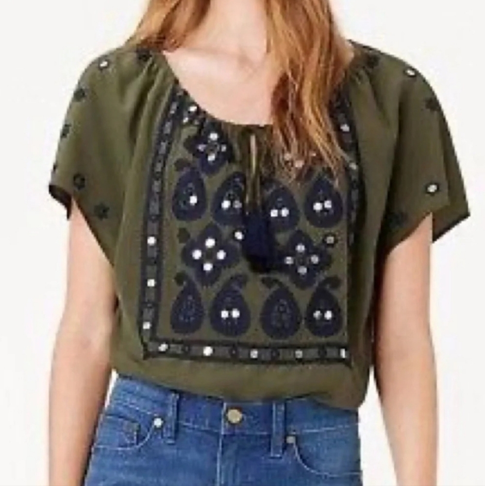 Tory‎ Burch Olive Green Embroidered Silk Blouse